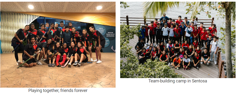 Two group photos: youth hockey players posing indoors, and a large student group on a wooden deck outdoors in Sentosa.